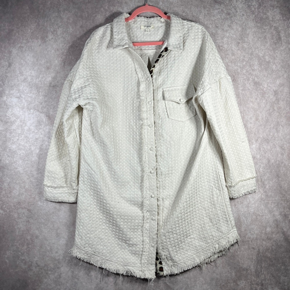 UMGEE Shirt Dress Size Large White Snap Front Long Sleeve Frayed Hem Pocket Boho